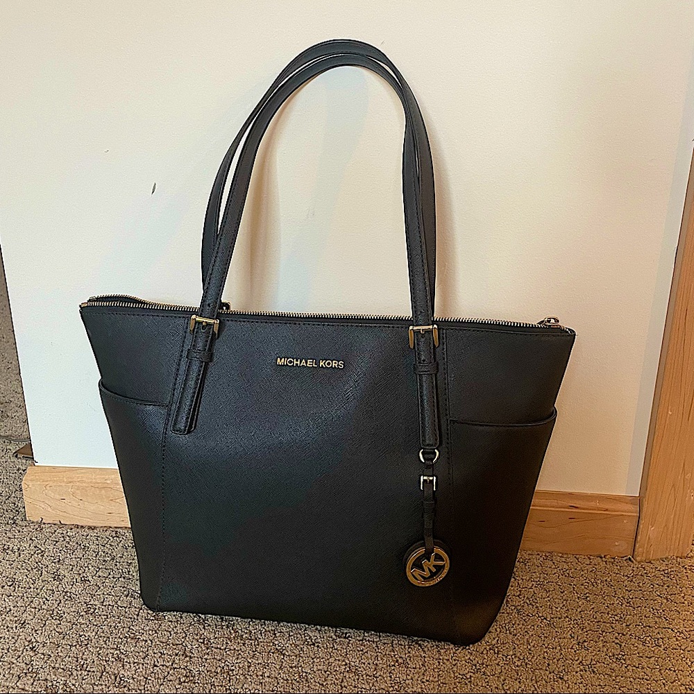 Michael Kors Large Black Leather Tote Purse Bag Gold Accents